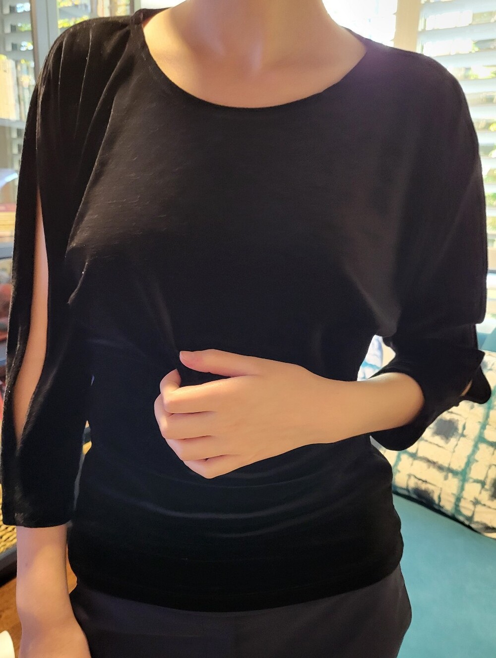 Black Velvet Split-Sleeve Long Sleeve Top